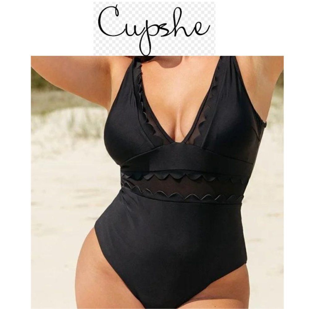 Cupshe Women’s solid Black V-Neck with mesh accentOne Piece Swimsuit Siz…